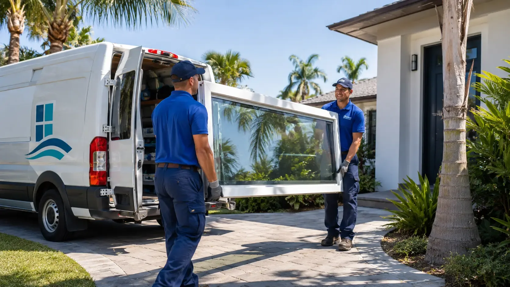 Two installers carrying a replacement window unit toward a Jacksonville home