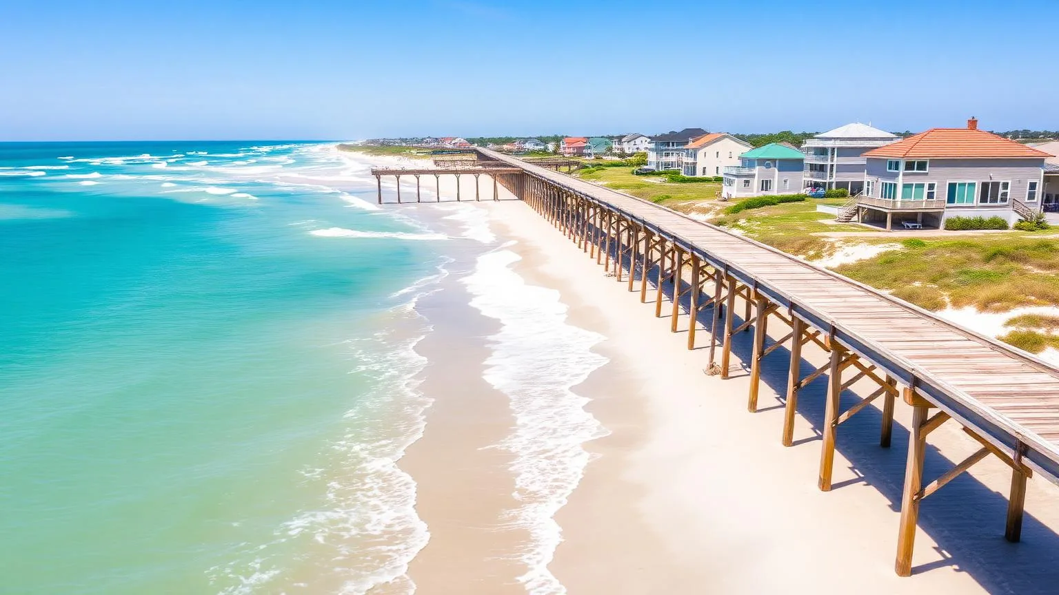 Jacksonville Beach pier and oceanfront homes along the Atlantic coastline