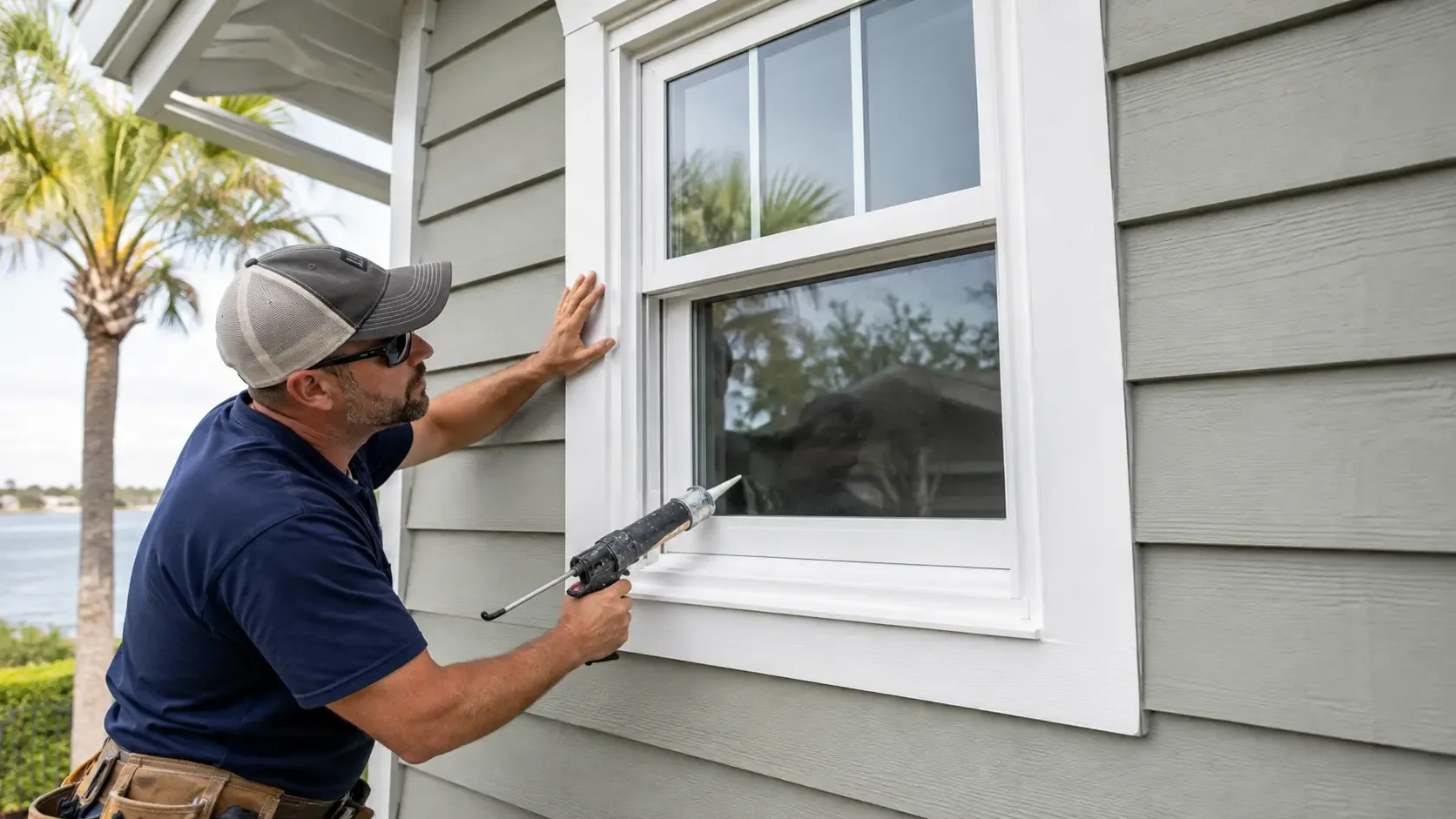 Installer sealing the exterior perimeter of a newly installed double pane replacement window
