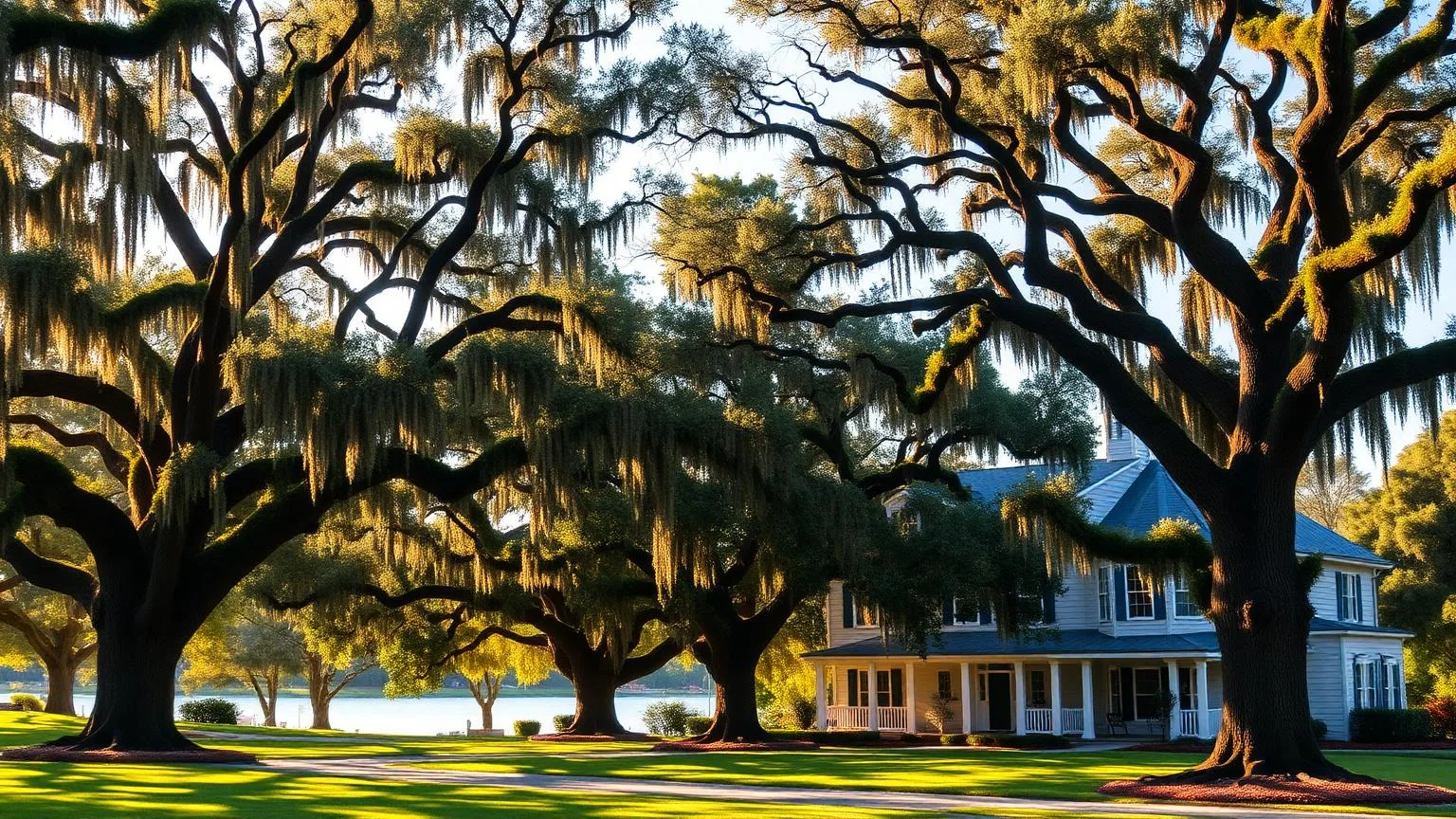 Moss-draped live oaks and a riverside home in Mandarin, Jacksonville Florida