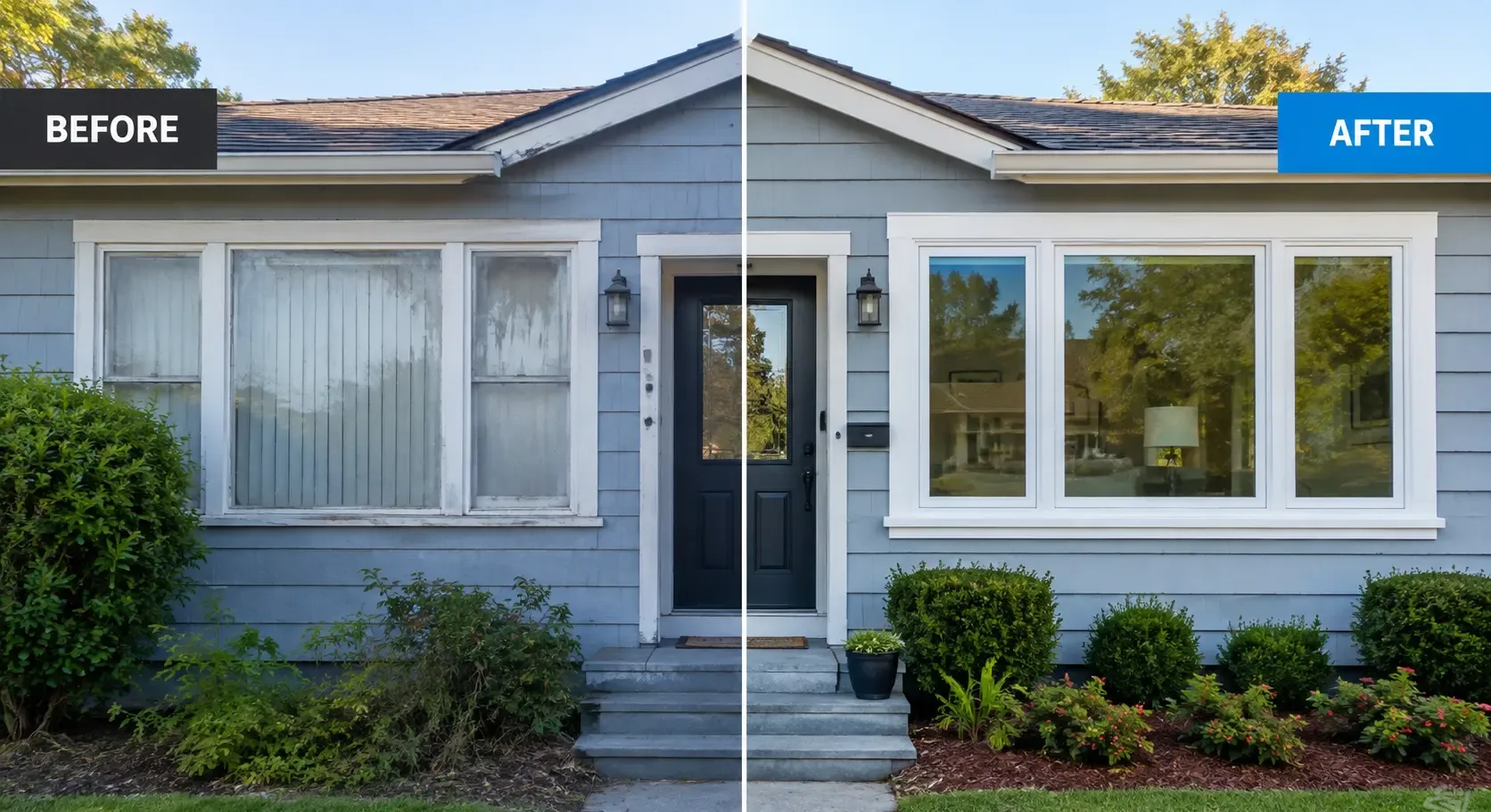 Side by side comparison of an aged window and a new replacement window on a Jacksonville home