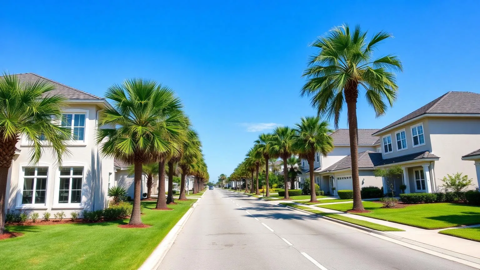 Palm-lined residential street with modern stucco homes in Southside Jacksonville