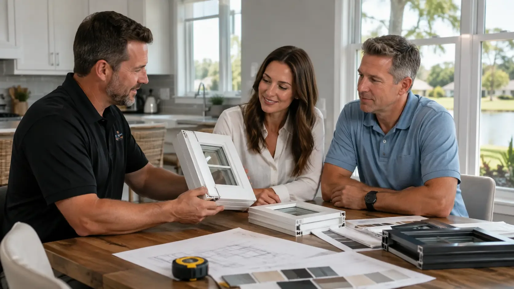 Homeowner reviewing replacement window options and costs during a consultation in Jacksonville