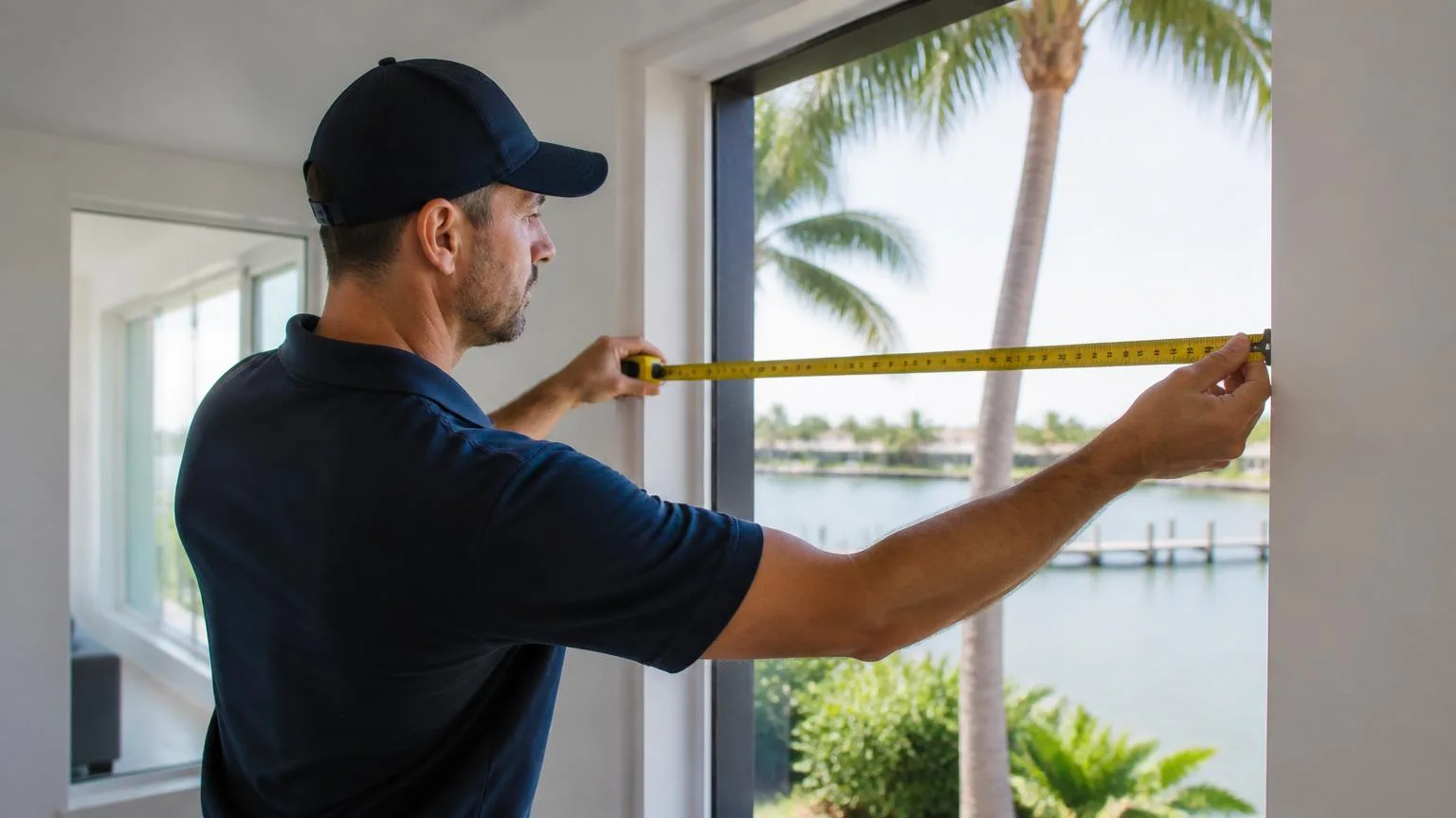 Technician measuring a window opening with a tape measure before ordering replacement windows in Jacksonville