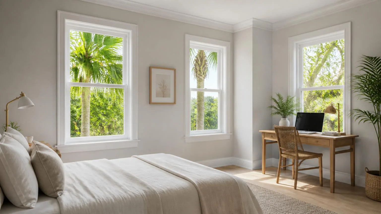 Bright bedroom and home office with new white-framed energy efficient replacement windows in a Florida home